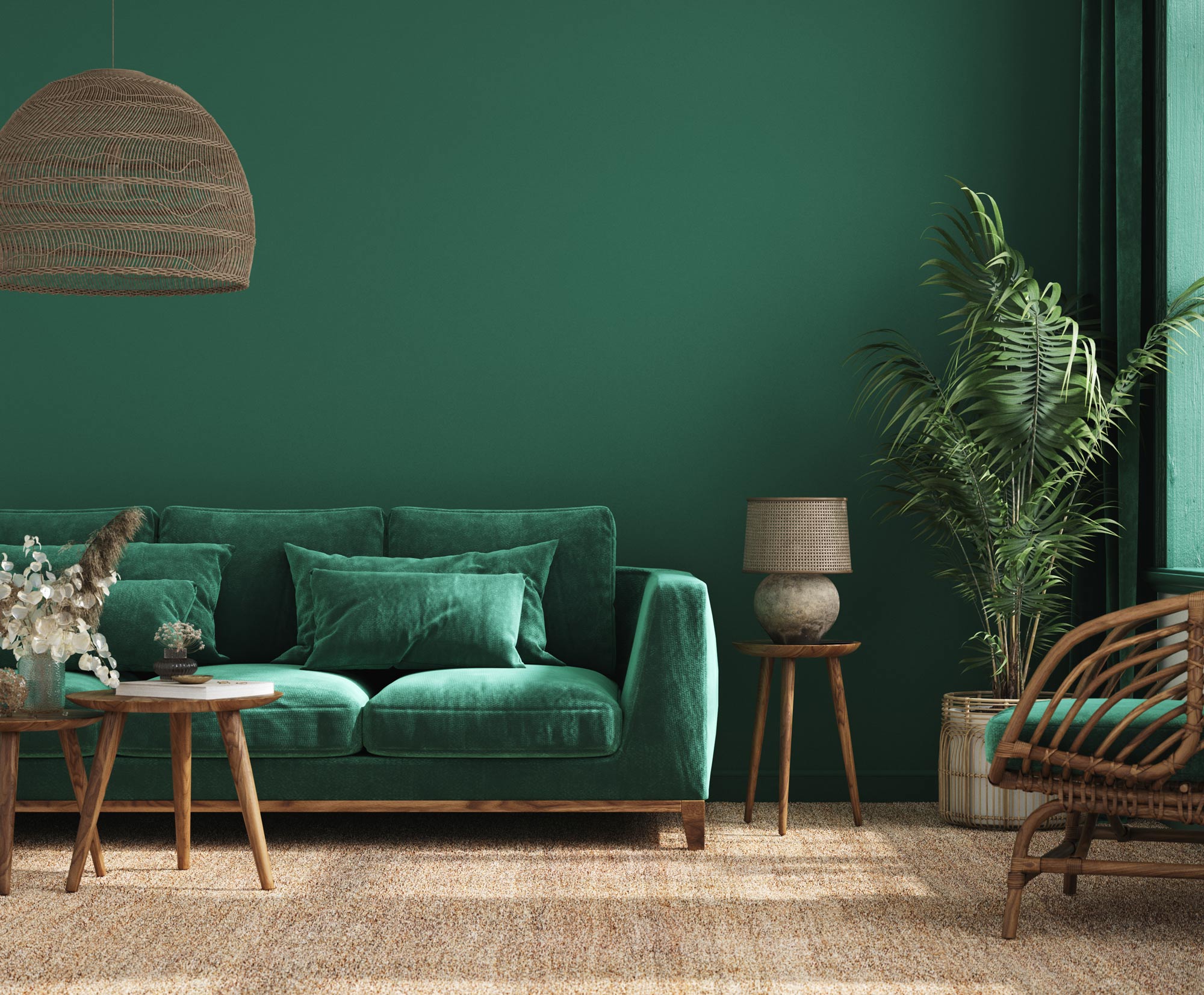Grönt inrett vardagsrum med grönmålade väggar