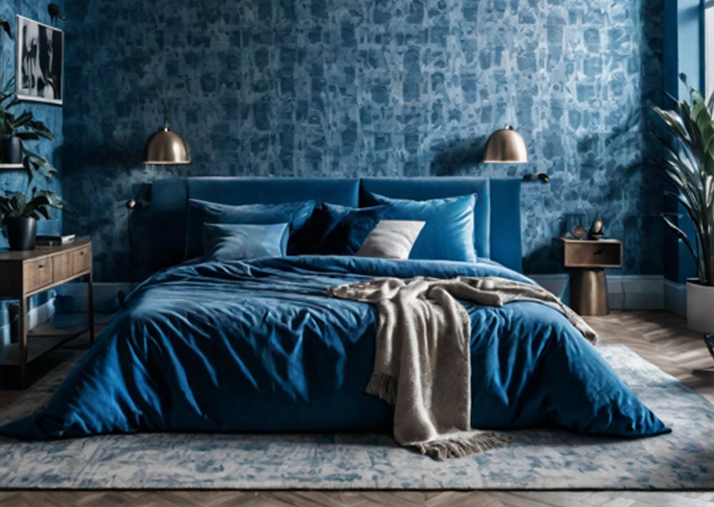 En blå säng i ett rum med blåa tapeter